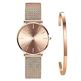 Kubagom Damen Uhren Analog Quarz Edelstahl Wasserdicht Mesh Ultradünne Set mit Armreif (Rosegold...